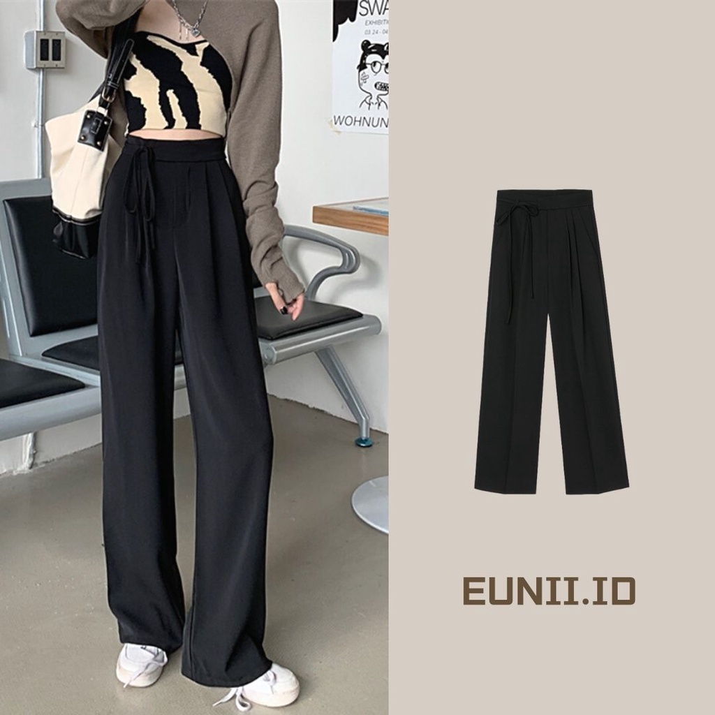 EUNII Celana Kulot Straight Pants Terbaru Hitam Loose Highwaist Kekinian Korean Style