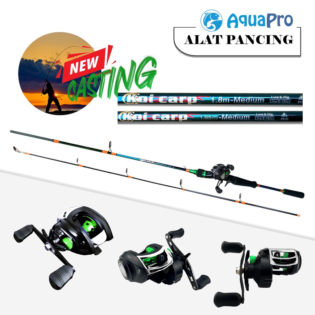 Paket Set Alat Pancing Joran Casting Lure Joran Pancing Lure Koi Crap Rainbown Fishing Lure Action Medium Carbon Lure Reel Pancing Bait Casting Green