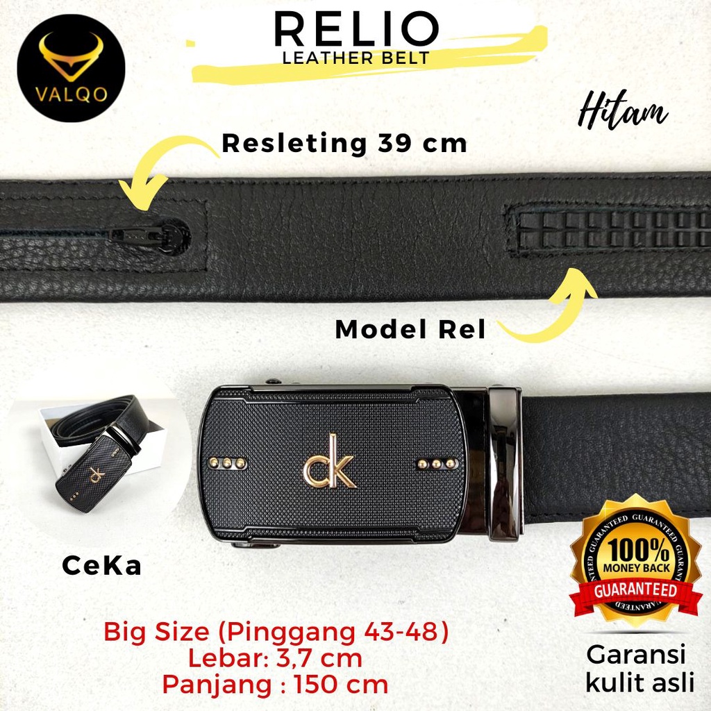 [VALQO] RELIO Resleting 150 CM Hitam Ikat Pinggang kulit sapi Rel Sabuk Cowok Pria Ukuran Besar Big Size