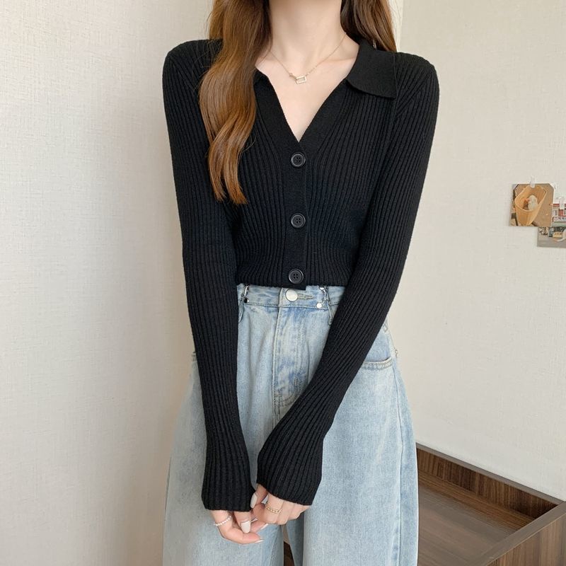 Atasan Rajut Wanit Polos Knit Top V Neck Casual Sweater Crop Lengan Panjang