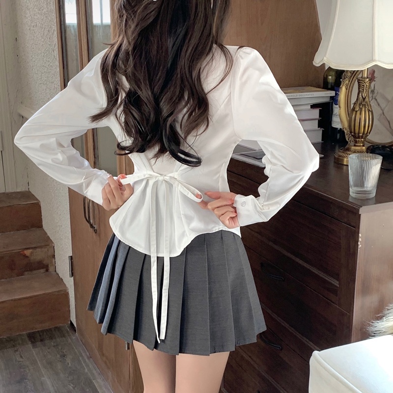 Blouse Korean Style Putih Lengan Panjang Polos Casual Top