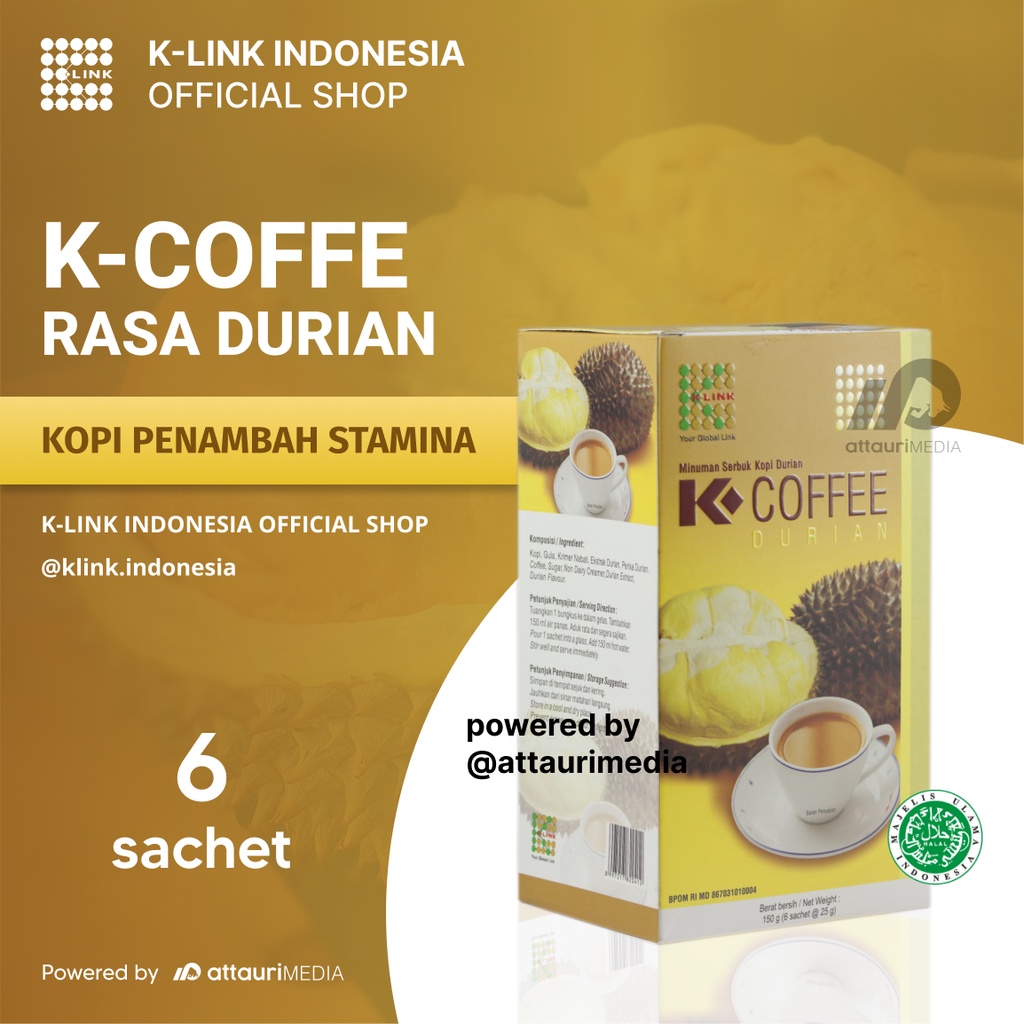 

K-COFFEE Durian Original K Link (1 Box isi 6 Sachet) Kopi Aroma Durian Meningkatkan Gairah dan Stamina serta Membantu Menurunkan Tekanan Darah K-Link Indonesia Official Shop K-Link Original Store Attauri