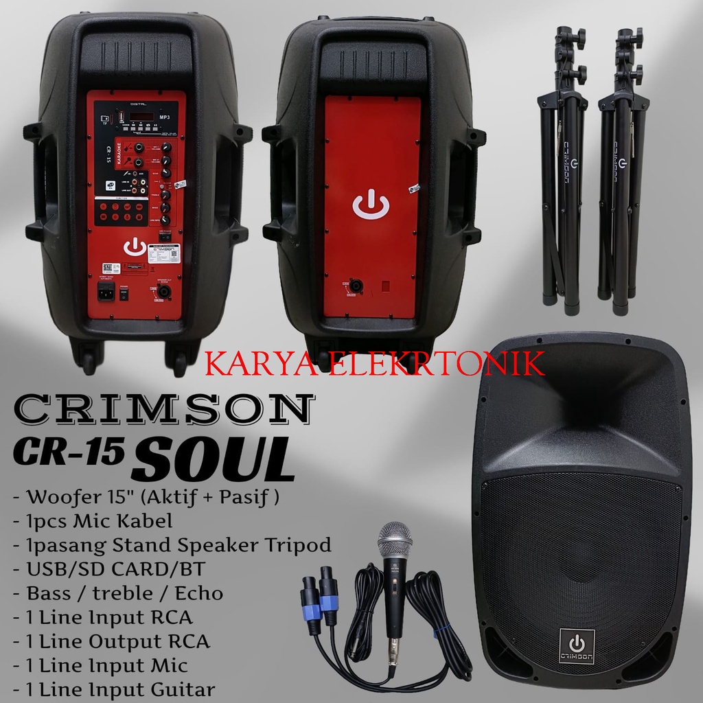 PAKET KOMPLIT SPEAKER CRIMSON AKTIF +PASIF SOUL15 CRIMSON SOUL 15 INCH BLUETOOTH