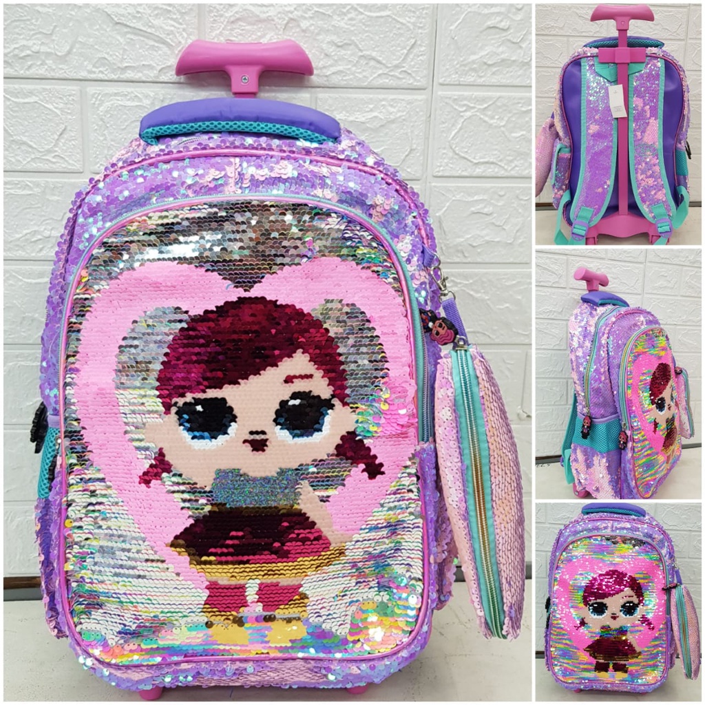 Tas Sekolah Troli Anak SD dan TK Motif Sofia Unicorn Frozen Timbul 3D Tas Import Trolley Anak Perempuan Tas Dorong Anak Koper Sekolah