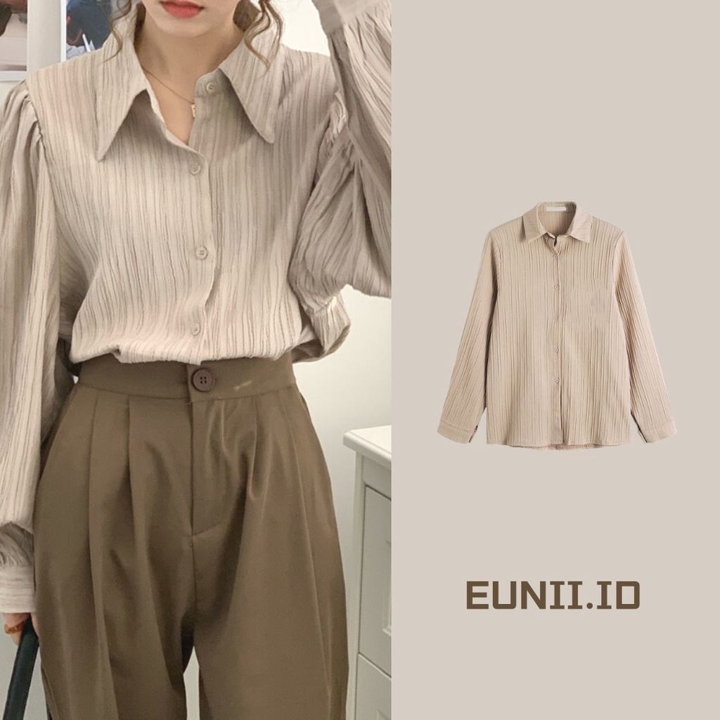 EUNII Korean Style Blouse Wanita Crinkle Shirt Oversize Kemeja Lengan Panjang Import