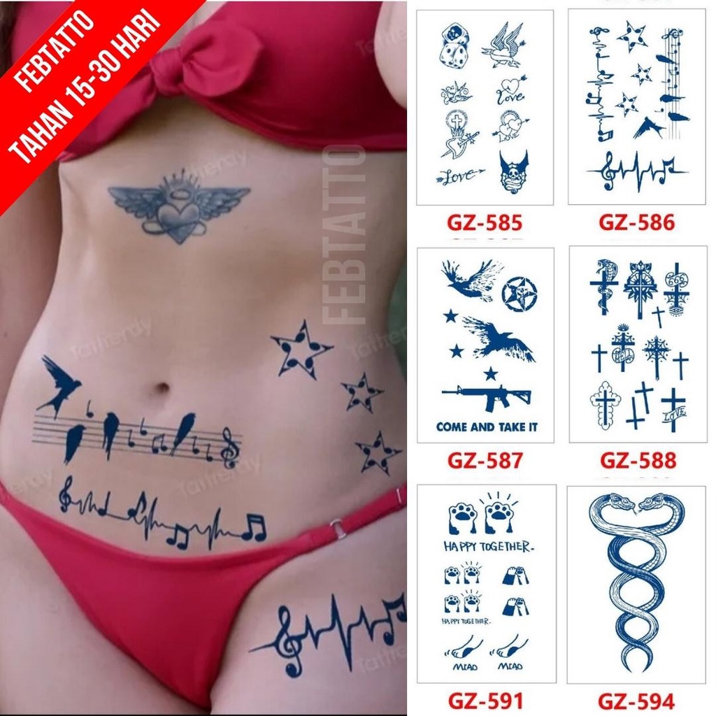 Tato Temporer Ukuran 18cm x 11cm Motif GZ 586 Stiker Kecil Not Musik Burung Bintang Tato Lengan Tato