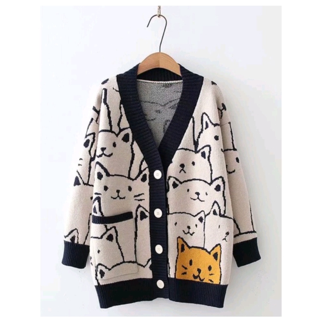 SWEATER CARDIGAN WANITA MOCHA CAT OUTER ALA KOREAN PAKAIN FASHION KASUAL CUTE MODEL