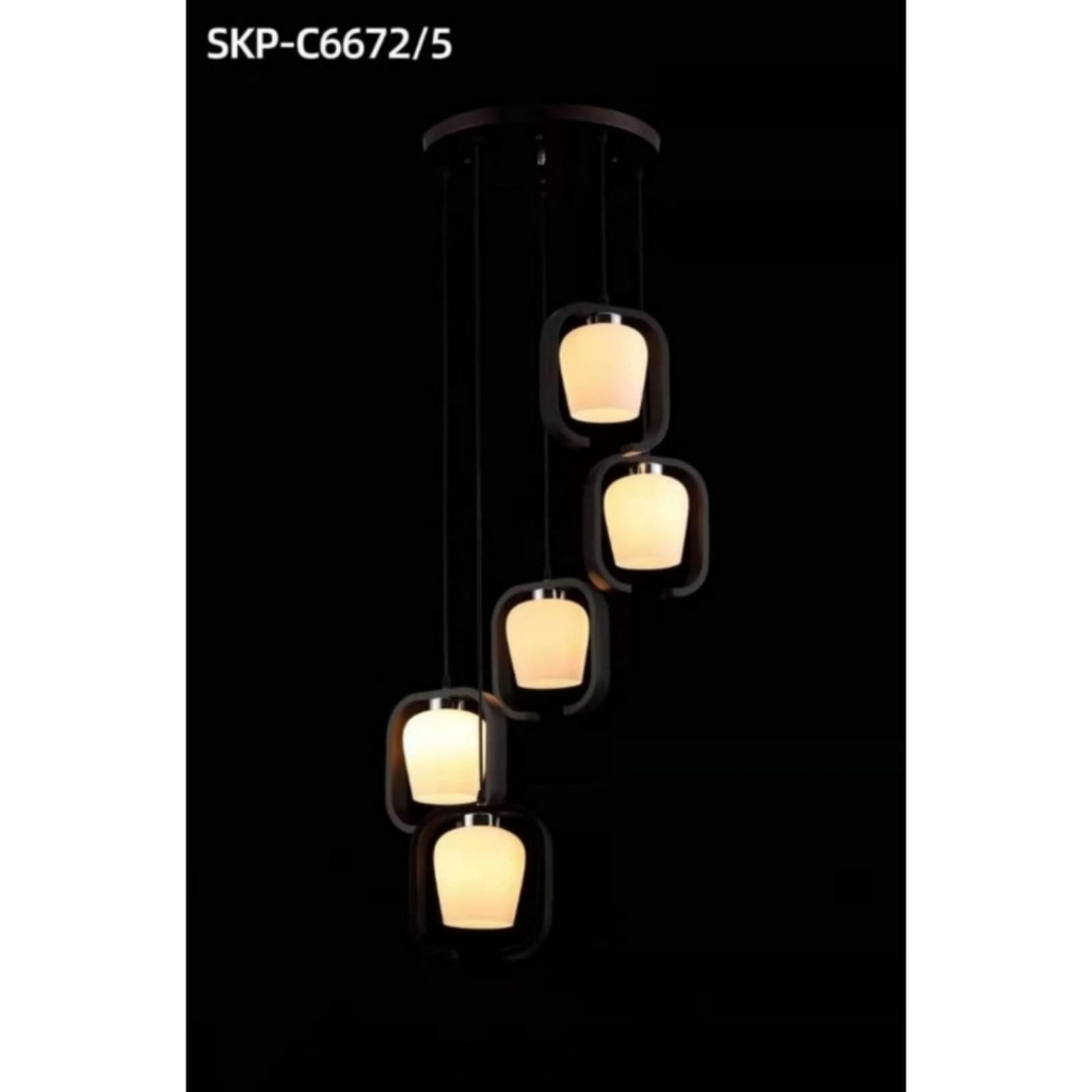 SL6672-5R LAMPU GANTUNG HIAS VOID TANGGA KLASIK ANTIK KAYU KACA