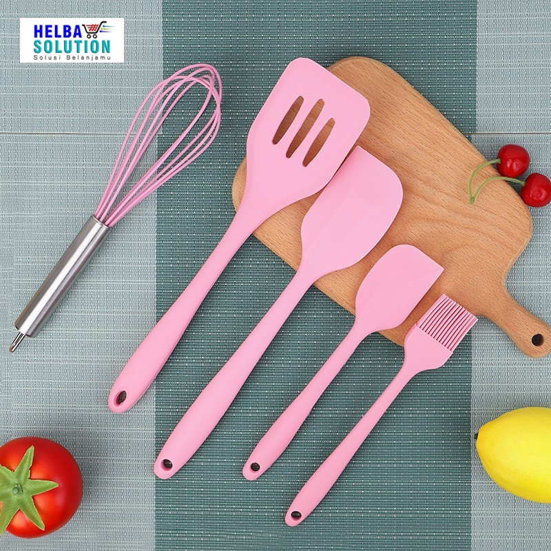 SPATULA Silikon SET Tahan Panas 260°C Peralatan Masak Silicone Perlengkapan Dapur KITCHEN UTENSIL 5in1