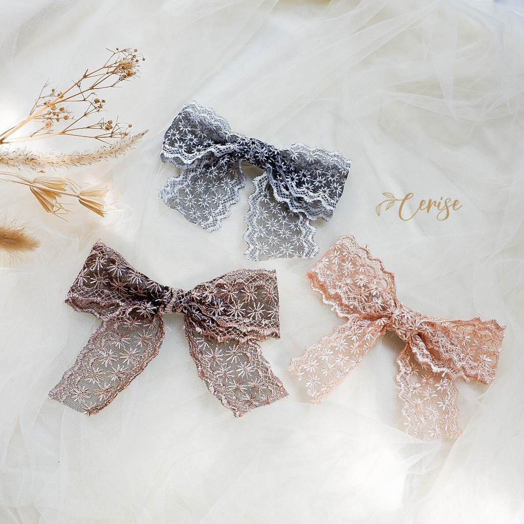 Emiko Hairpin | Jepit rambut pita lace korea hitam, coklat, cream untuk anak dan wanita dewasa cantik manis