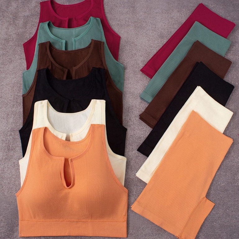 MMM Tank Top Set Celana Olahraga Wanita 6574 Model Vneck Sport Wanita One Set Tanktop Celana Pendek BH Push Up Wanita Tanpa Kawat Elastis Pakaian Dalam Yoga Wanita Murah Import