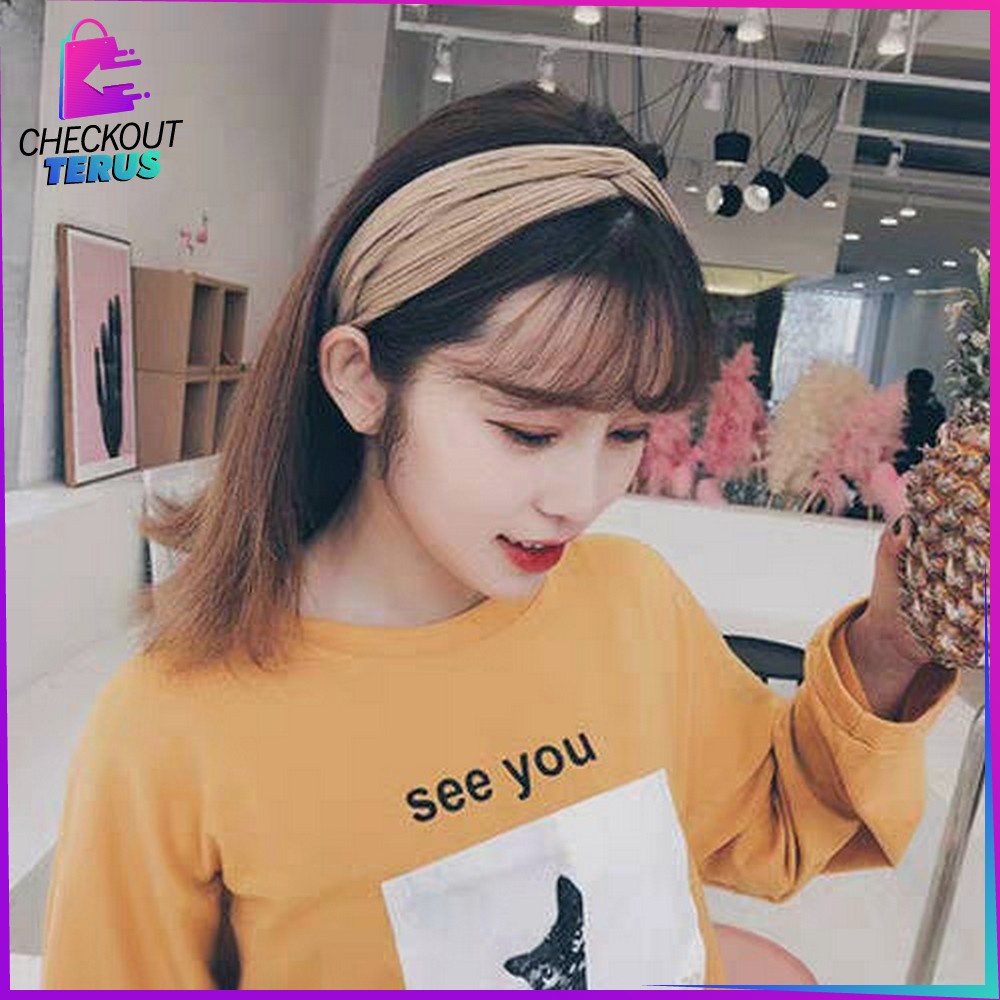 CT C63 Bando Korea Wanita Aksesoris Rambut Motif Garis Salur Karet Elastis Dengan Kancing Pengait MaskerHeadband Bendo Import