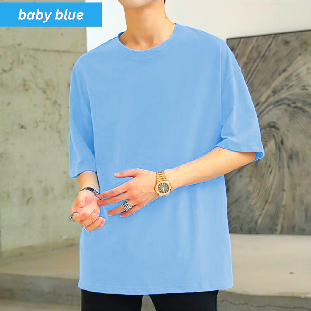 Baju Kaos Oversize Warna Biru Muda Lengan Pendek Polos O Neck Unisex Bahan Katun Combed 30s Adem Kua