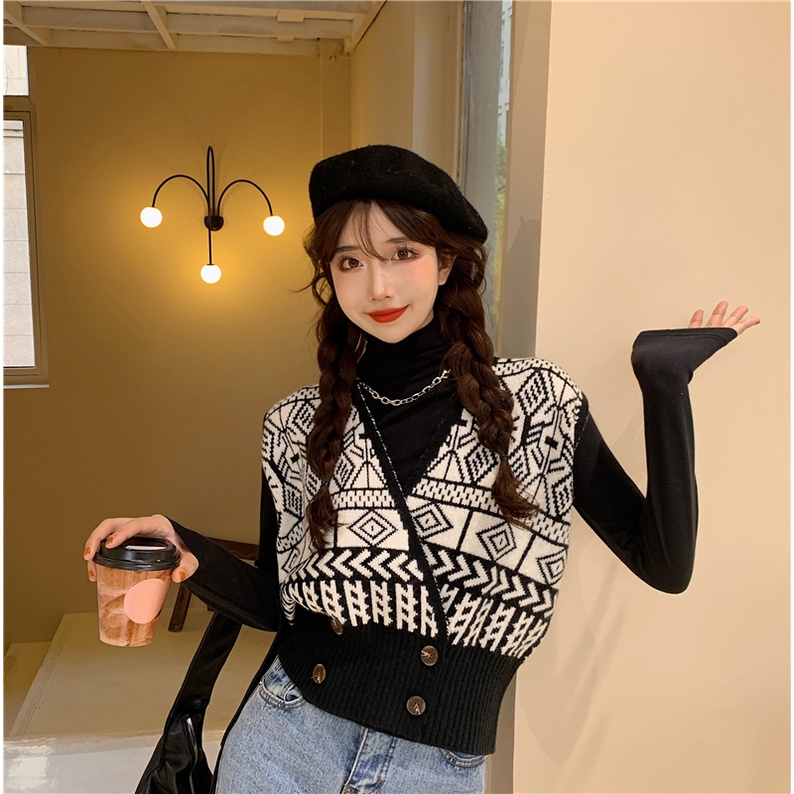 EUNII Rompi Rajut Wanita Retro V-Neck Crop Top Lengan Sweater Korean Style