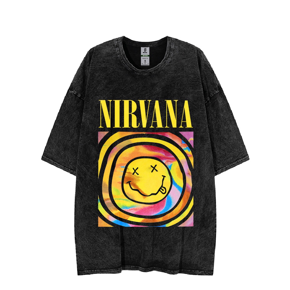 Baju Nirvana Rainbow Smile Vintage Oversized Washed Tee T-shirt