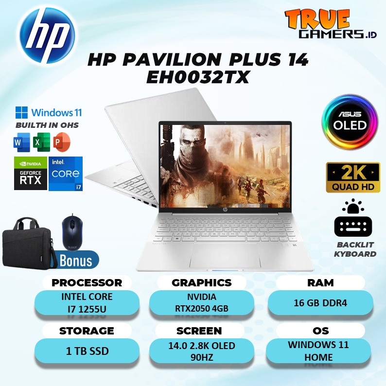 LAPTOP HP HP PAVILION PLUS 14 EH0032TX RTX2050 4GB I7 1255U 16GB 1TBSSD WIN 11 FREE OFFICE HOME STUDENT GARANSI RESMI