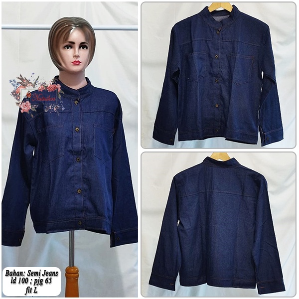 Jaket Semi Jeans Kerah Shanghai Full Kancing Wanita Jaket Denim Kerah Tinggi Outer Wanita Kantong Hidup Korean Fashion Style Fit L