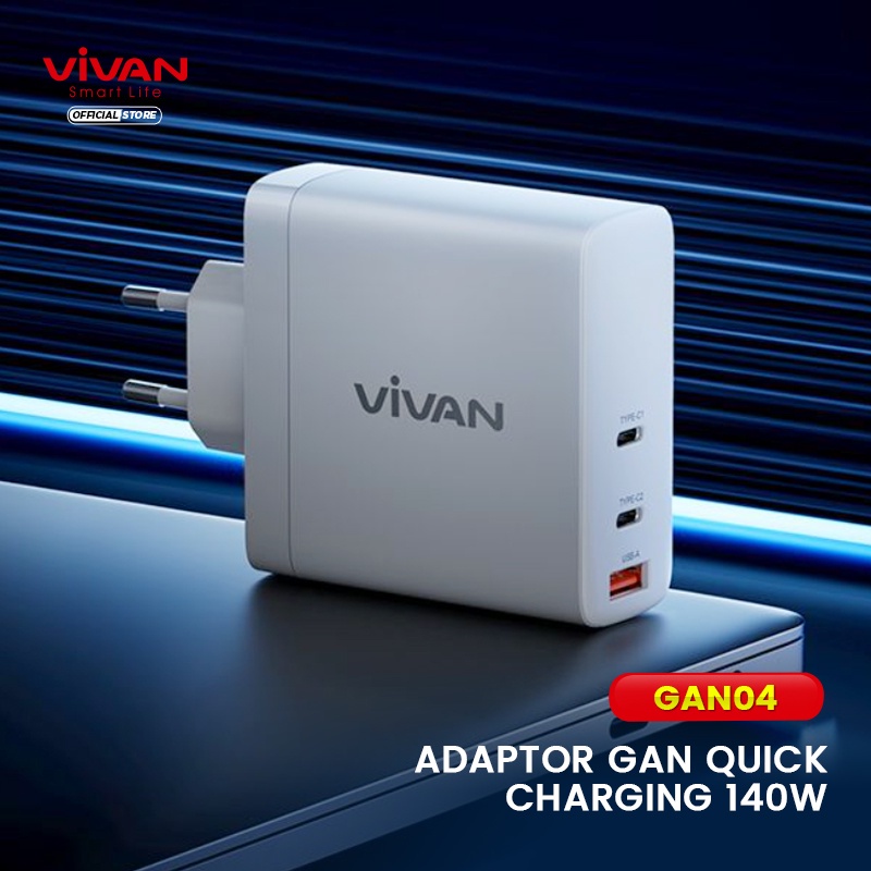 VIVAN Charger GaN04 Fast charging 140W 5A 3 Output PD QC Port Quick Charge Support Notebook iPhone 13-Garansi Resmi 1 TAHUN