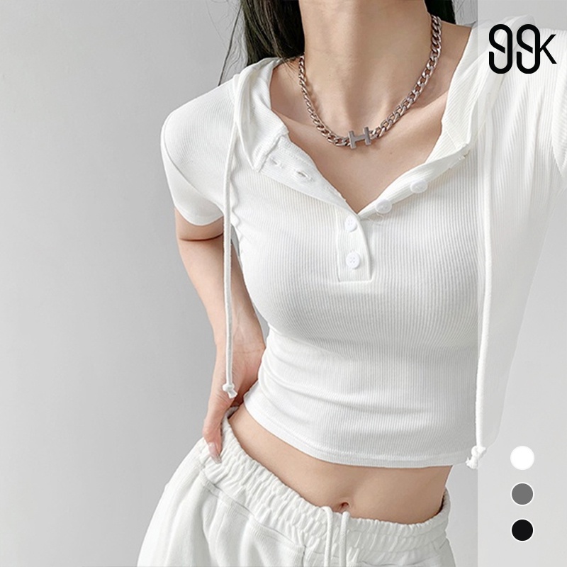 [Premium]Korean T-Shirt Hat Button V-neck Crop Top 7006 (S/M/L)