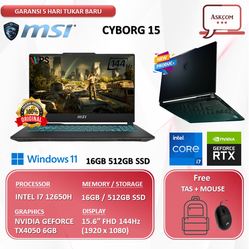 Laptop MSI CYBORG 15 RTX4050 6GB I7 12650H 16GB 512GB SSD W11 15.6FHD 144HZ BLIT A12VE.074