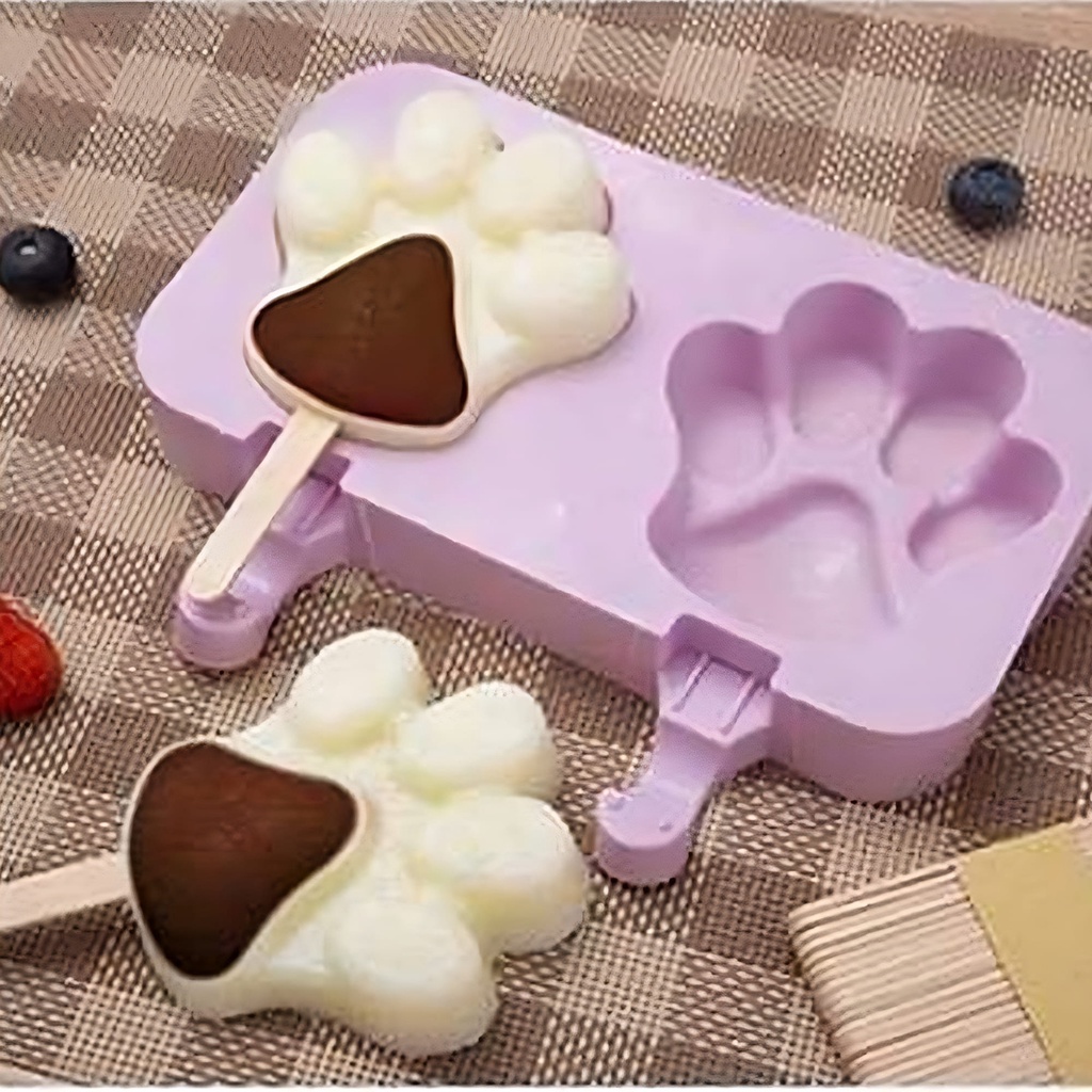 Cetakan Es Krim 2 Hole Silicone Mold Dessert Dog Paw with 50 Sticks - JSC84 - Purple