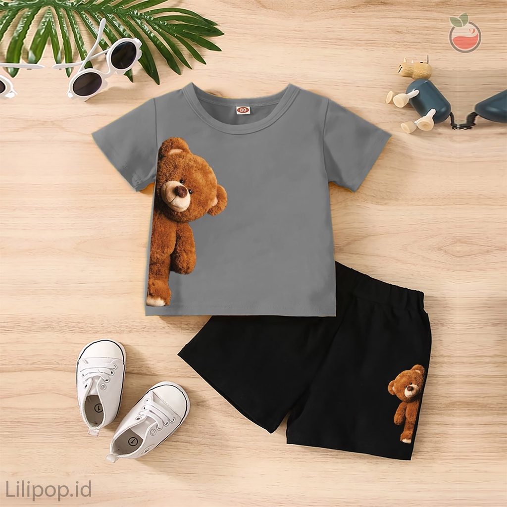 Baju Anak Stelan Kaos 3/4  BEAR  KOYA Cowok Cewek  Usia 1 -4 Tahun Celana Pendek Harian