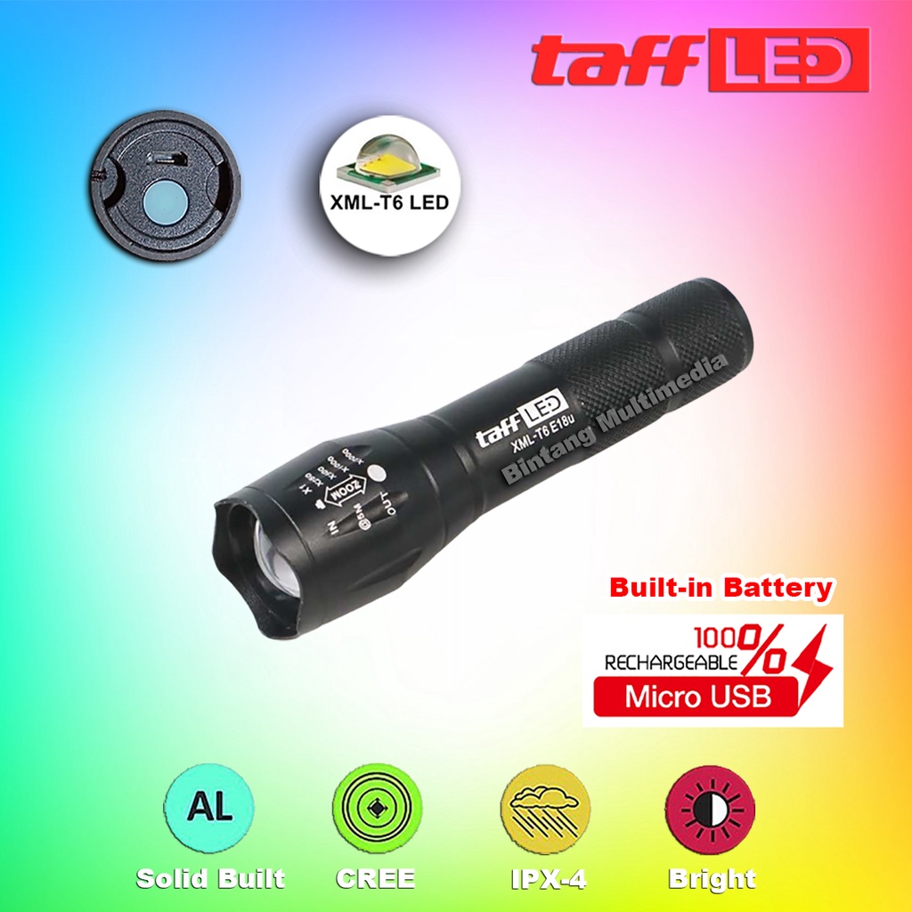 TaffLED Senter SWAT Police USB Rechargable LED XML T6 E18u dg Baterai Cas isi Ulang by TaffWare