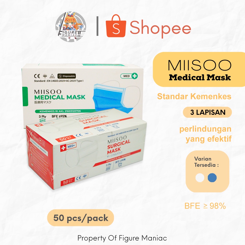 Miisoo - Masker Earloop Medical Surgical Mask Premium Per Pack isi 50 pcs Masker Kualitas Import SNI