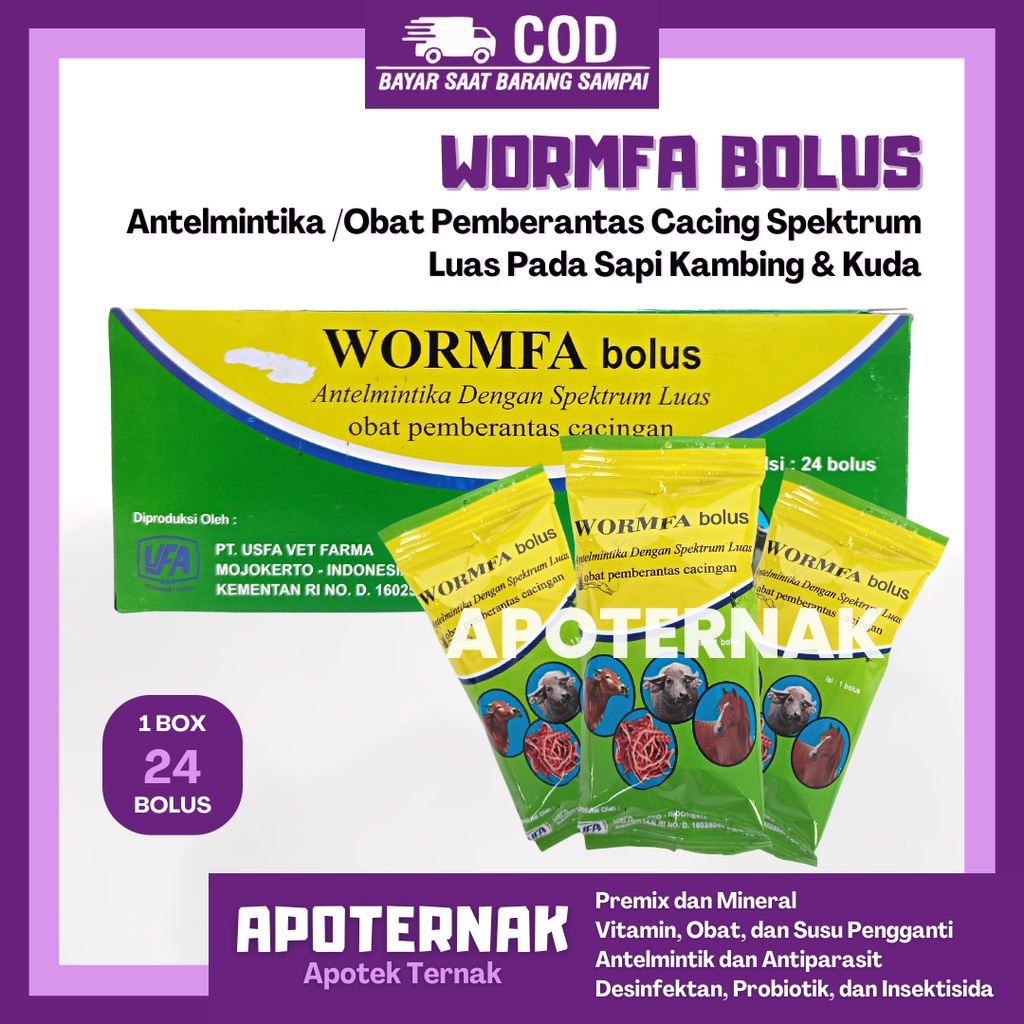 WORMFA BOLUS 1 BOX (24 BOLUS) - Antelmintika Dengan Spektrum Luas - Obat Pemberatas Cacingan Pada Sapi Kerbau Kuda - USFA