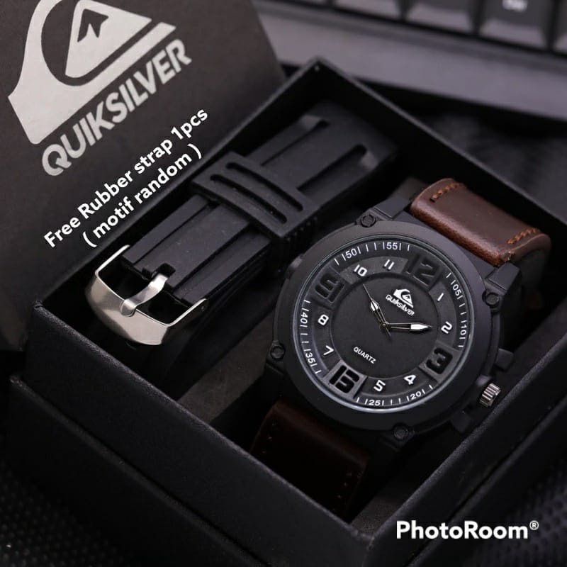 NEW (BISA COD) BEST SELLER JAM TANGAN PRIA QUIKSILVER PAKET STRAP KULIT FREE 1 TALI KARET JAM