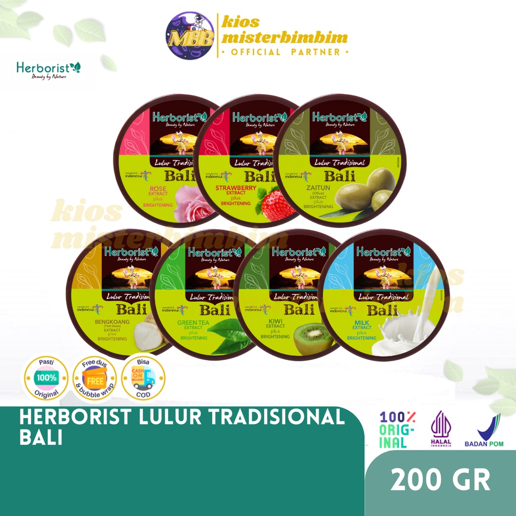 Herborist Lulur Tradisional Bali 200GR / Perawatan Tubuh Mencerahkan Scrub Exfoliating Extra Brightening Refreshing Bengkoang Green Tea Kiwi Milk Rose Strawberry Zaitun