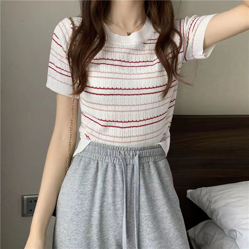 Korean Baju Atasan Wanita Lucu Knit Crop Top Lengan Pendek