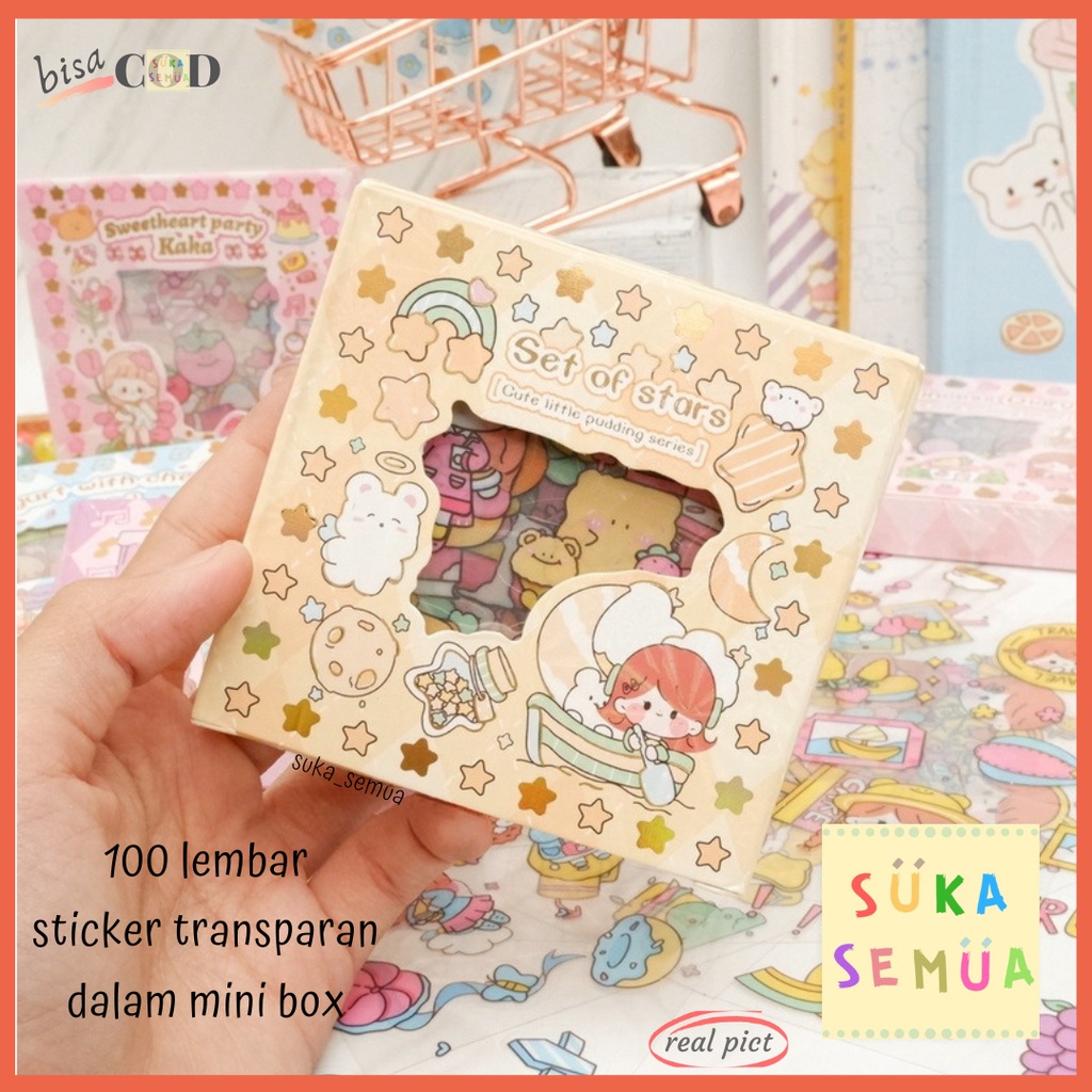 

100 pcs Sticker Waterproof Transparan - Mini Box Senmu // Kawaii Aesthetic Decoratif Stiker Korea Plastik PVC Anti Air dalam Kotak isi banyak lembar - hadiah kado anak cewek cowok craft DIY diary tempel menempel jurnal jurnaling - COD instant Bandung