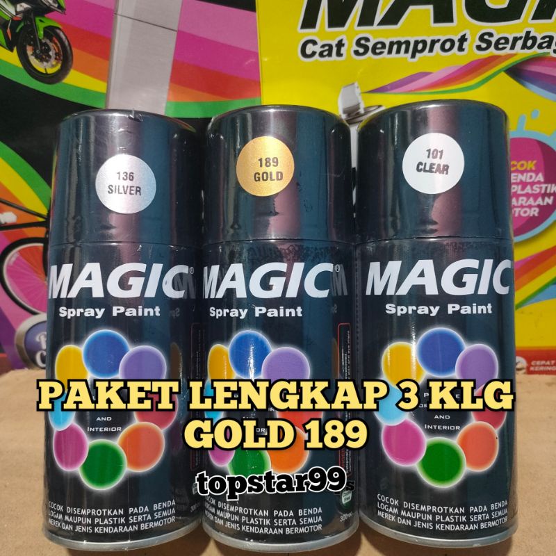 Pilok Pilox Cat Semprot Magic Paket Lengkap 3 Kaleng 300cc Paketan Emas Gold 189 Silver 136 Clear Pernis Glossy Mengkilap 101 Spray Paint