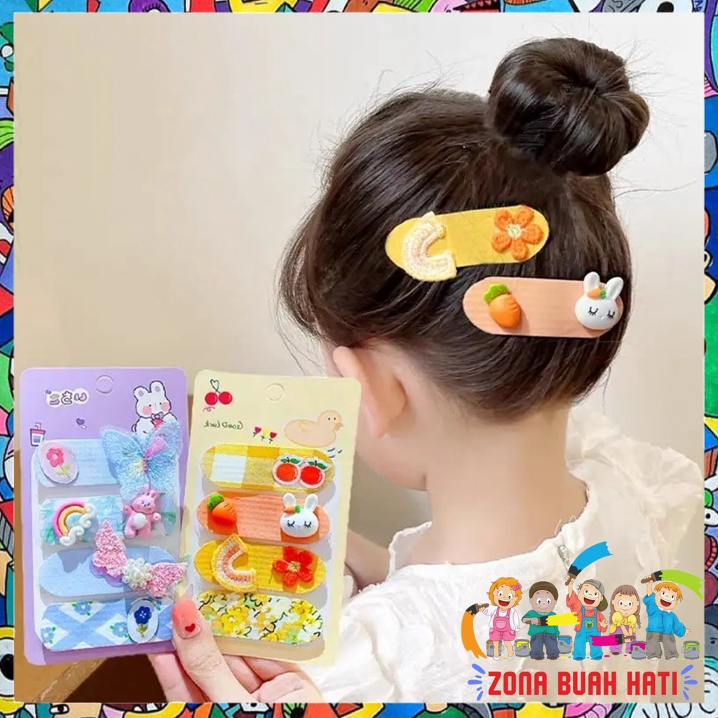 ZBH Jepit Rambut Tempel Anak Perempuan 4 IN 1 Aksesoris Rambut Penahan Poni Motif Kartun Lucu Murah Import