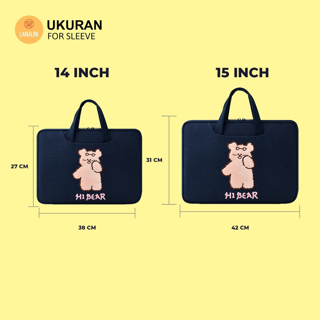 Sleeve Pouch Sarung Tas Jinjing Ipad Tab Tablet Laptop Bag Macbook Air Pro Asus Acer Lenovo HP Huawei Vivobook 11 12 13 14 15 inch Motif Gambar Beruang Bear Warna Biru Navy Blue Lucu Cute Murah Korean Model Tali Banyak Slot Ruang Stationary Lembut