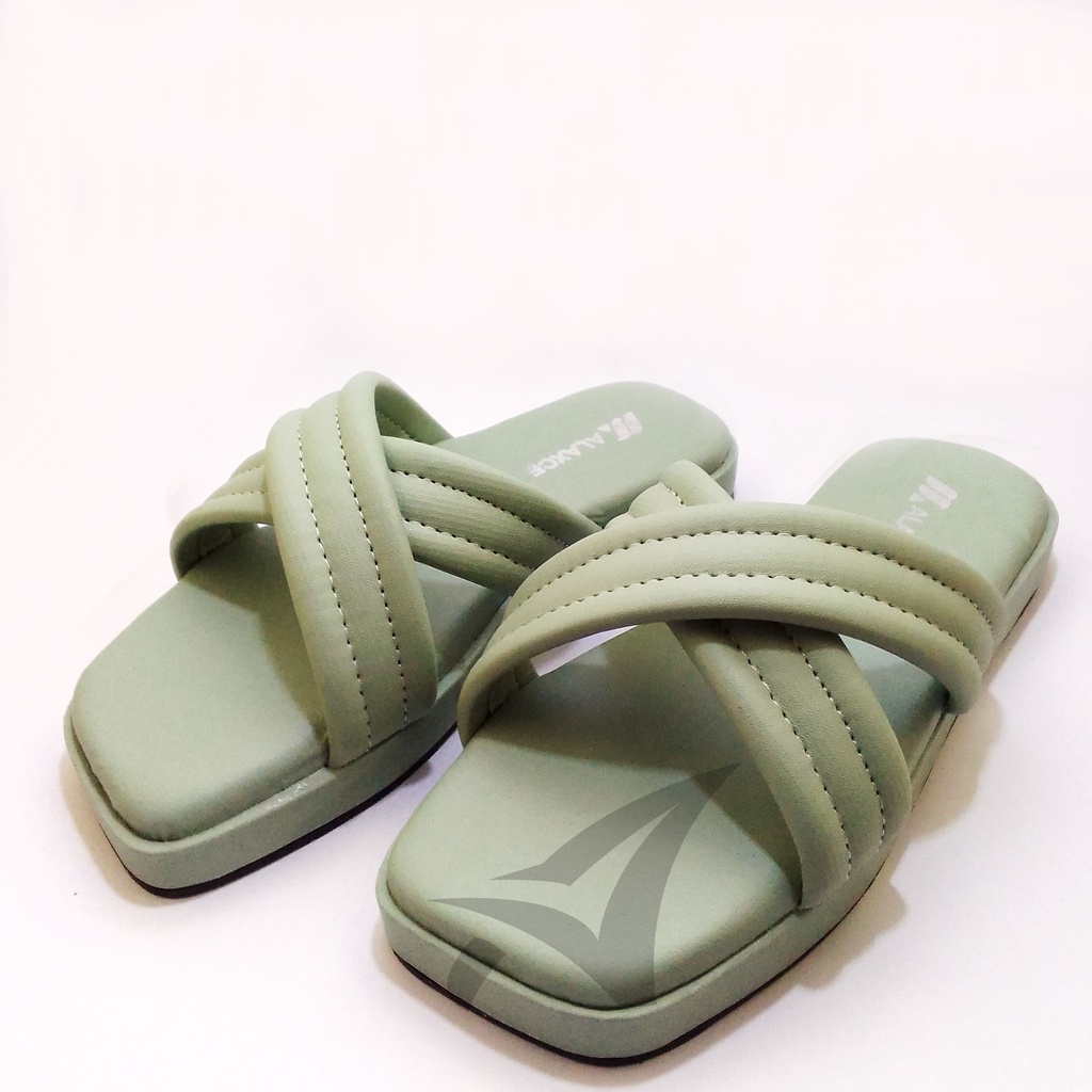 Sendal Slop Strap Puffy Slip On Wanita sole tinggi empuk Flat Teplek Silang Busa wedges wanita kekinian