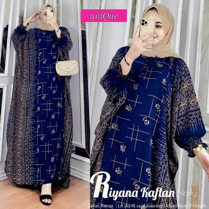 Kaftan Wanita - Daunda Kaftan Size Jumbo XXXXL Motif Daun Lengan Panjang Busui Resleting by Nadira_Fashion / Gamis Rayon Jumbo Kaftan Terbaru-Riyana navy