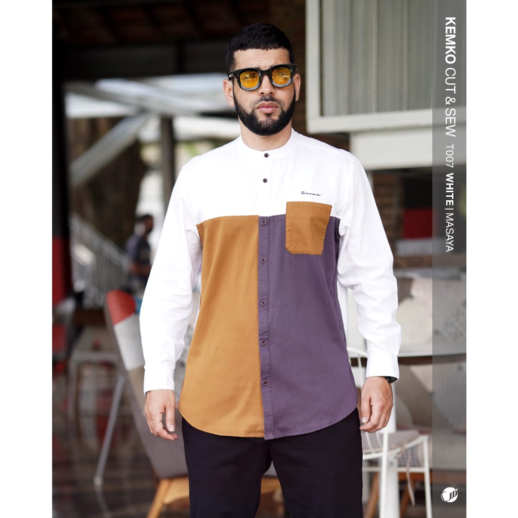 SAMASE KEMKO CUT & SEW  T007 Lengan Panjang Kemeja Koko Muslim Pria Dewasa Samase Clothes Warna Whit