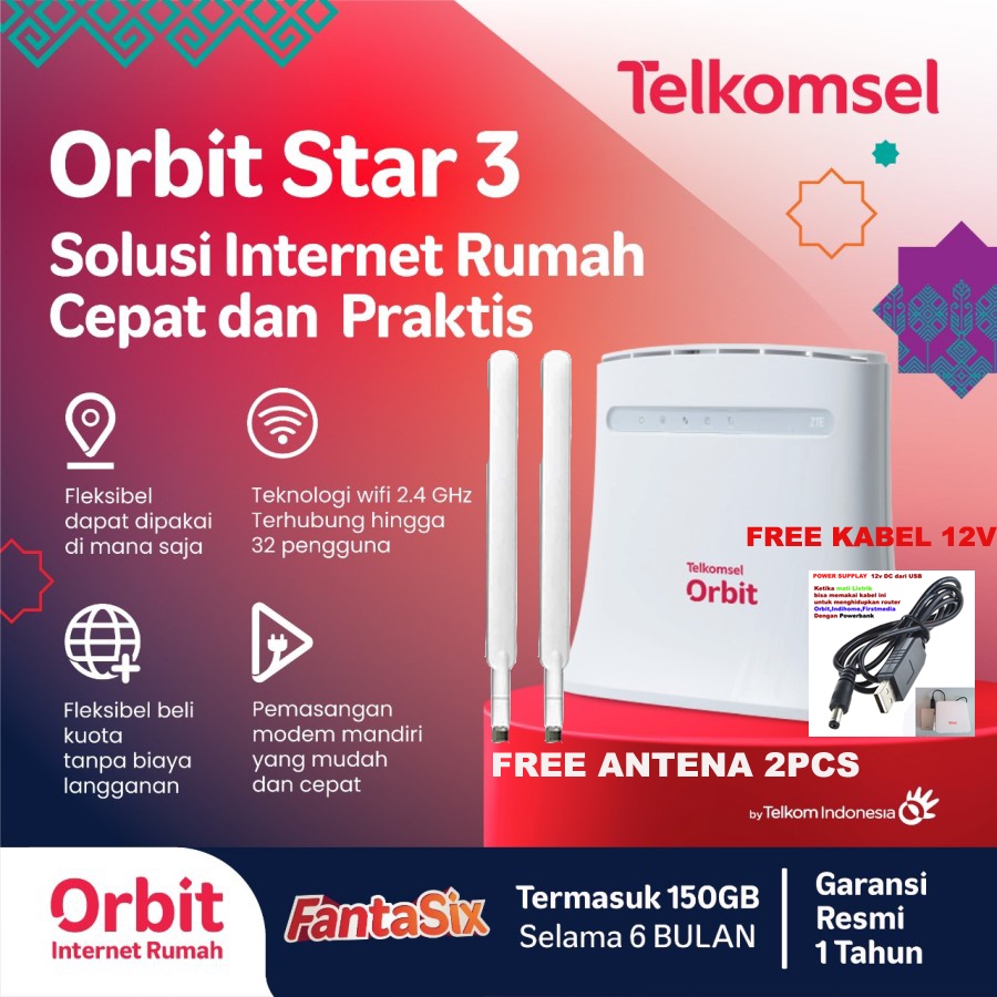 Orbit Star 3 ZTE MF283U Telkomsel Modem WiFi 4G Bonus Data 150GB(25X6)