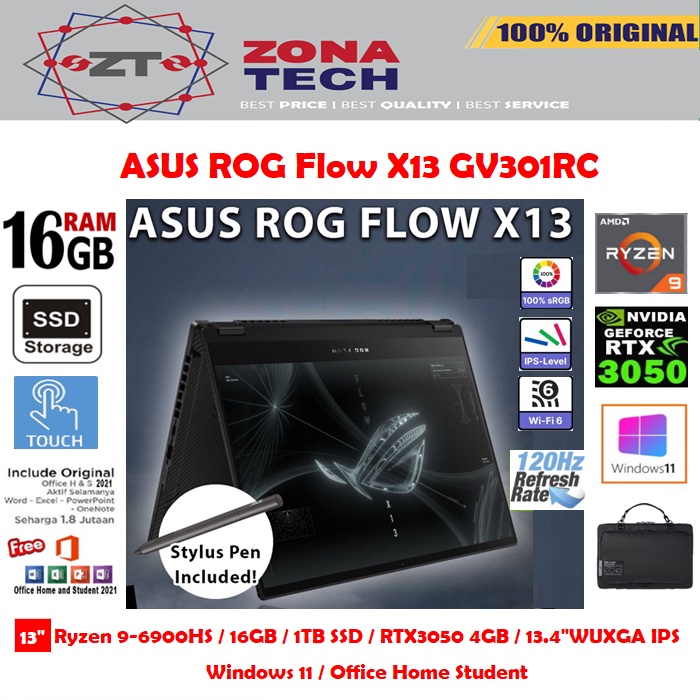 ASUS ROG Flow X13 GV301RC - RYZEN 9-6900HS - 16GB - 1TB SSD - RTX3050 4GB - 13.4&quot;WUXGA IPS 120Hz - W11 - OHS