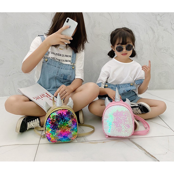 Tas Backpack Unicorn Anak Perempuan Bahan Kulit Manik Manik Blink