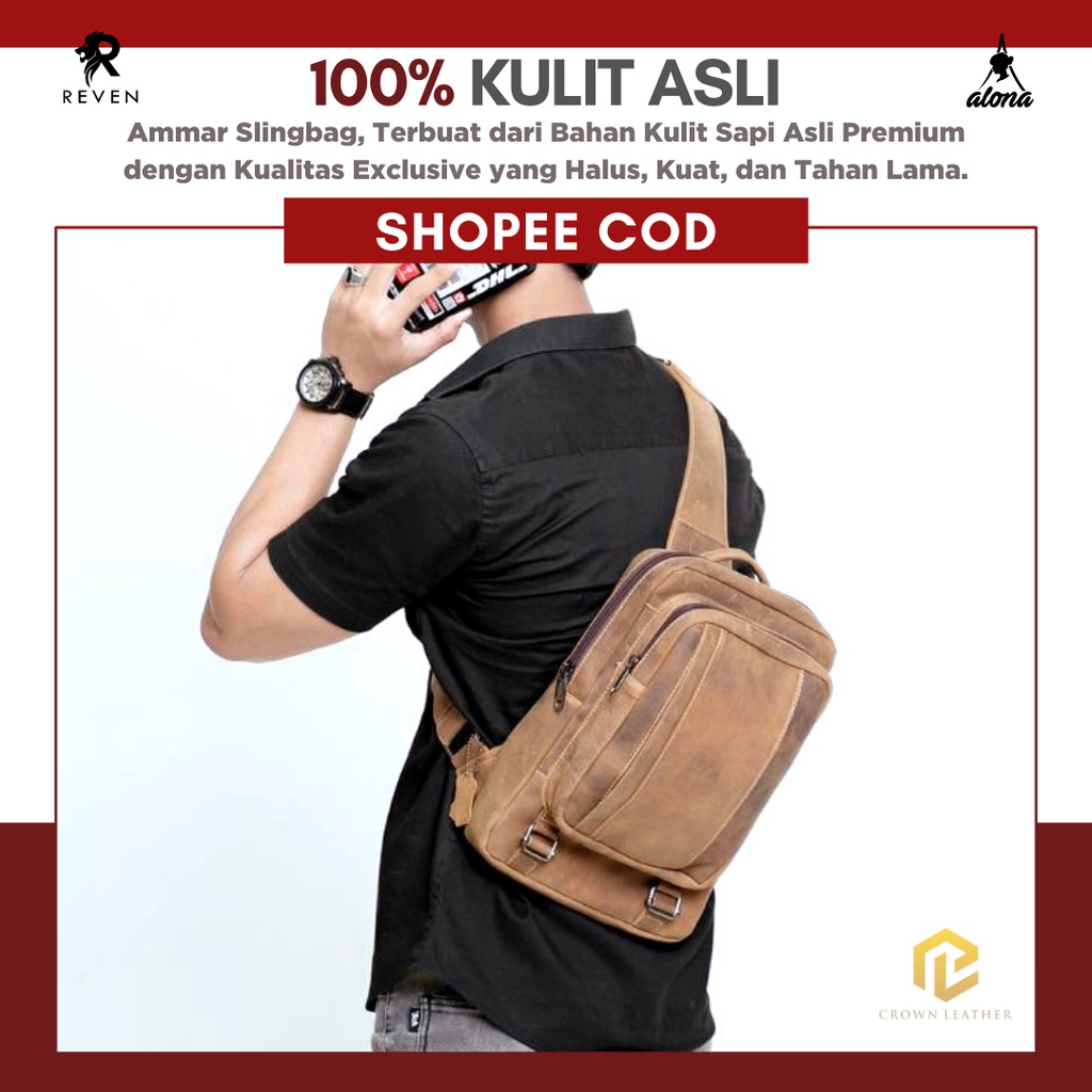 Tas Selempang Besar Pria Muat Tablet Original 100% Kulit Sapi Asli - AMMAR SLINGBAG by Crown Leather