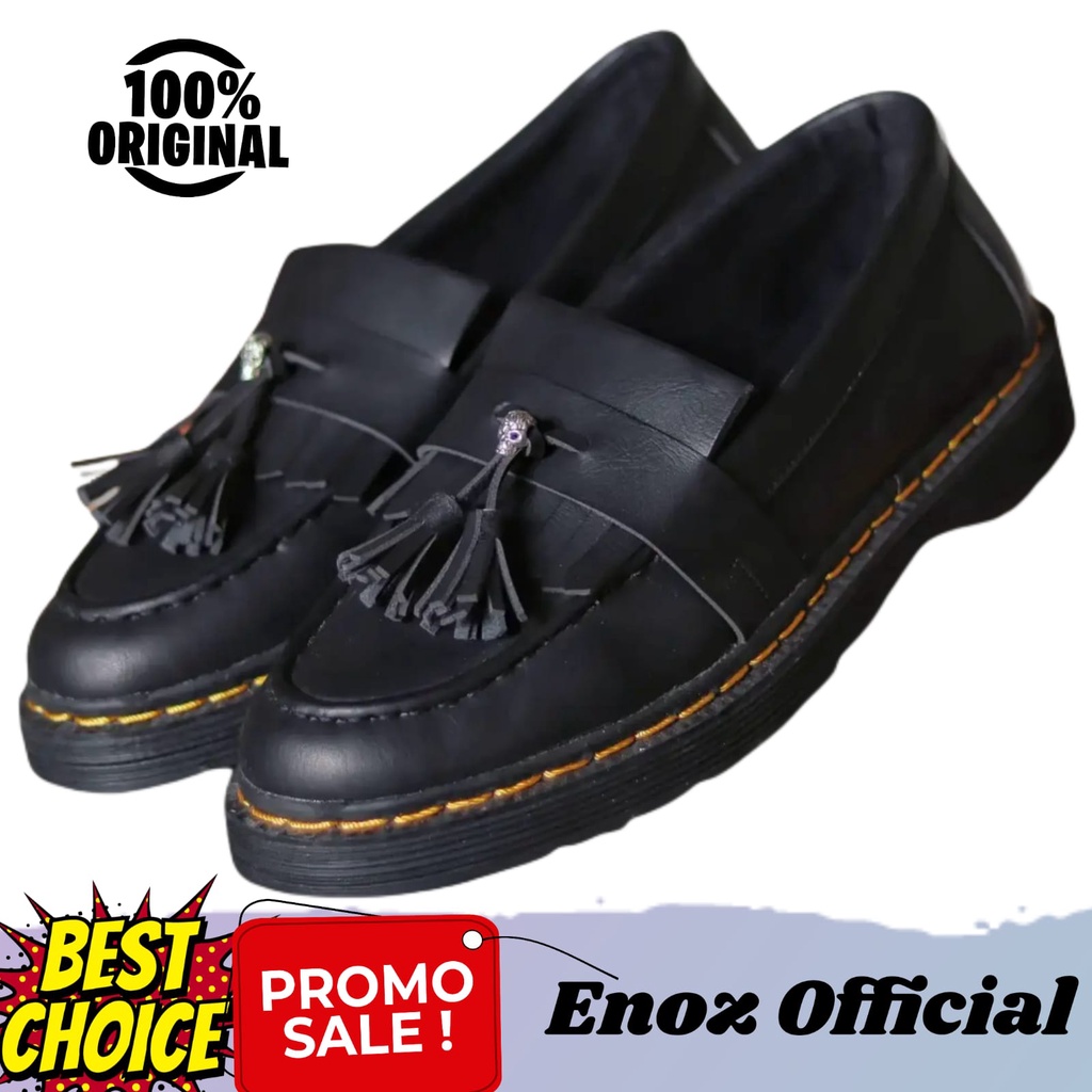 Sepatu Loafers Pria Formal Slip On Hitam Dogmart Pantofel Kerja Kulit PU Penny Loafers Sintetic Premium Enoz Sins Skull