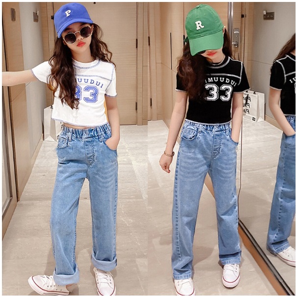 Setelan anak PEREMPUAN CROP SET import YIMUUDUI /PRERECORD 33 + CELANA JEANS TEBAL KEKINIAN setelan anak teenager