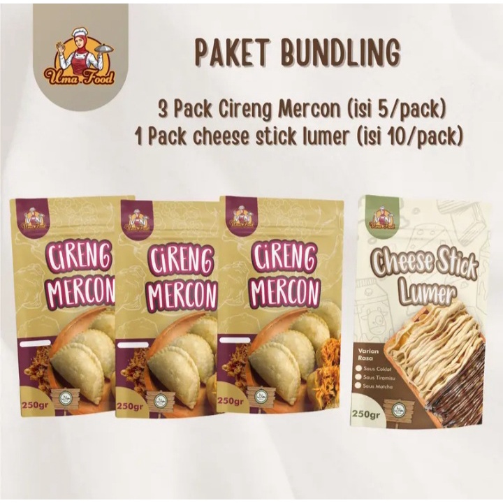

3 PACK CIRENG MERCON 1 PACK CHEESESTICK LUMER / CIRENG ISI AYAM PEDAS MERCON ISI JANDO USUS ATI KEJU / CIRENG VIRAL BANDUNG / KEJU AROMA COKLAT LUMER TIRAMISU MATCHA TARO UMAFOOD BANDUNG