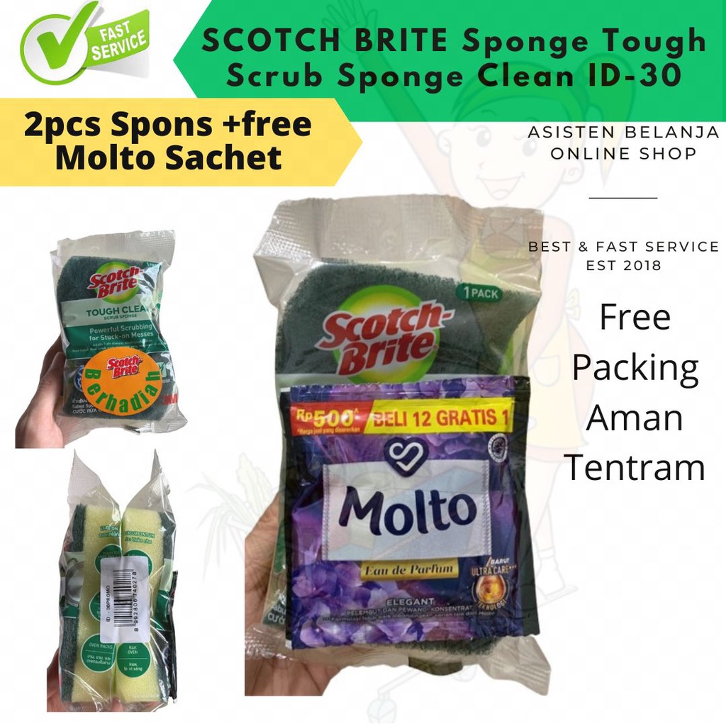 3M SCOTCH BRITE ID-30 ID30 Tough Clean Scrub Sponge Spons Cuci Piring 2 pcs Free Molto 9ml