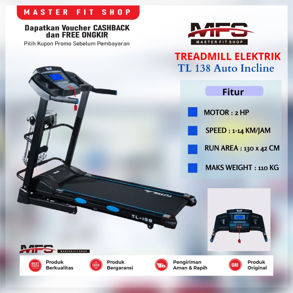 Alat Fitness Lari Treadmill Elektrik Merk Total Motor 2 HP TL 138