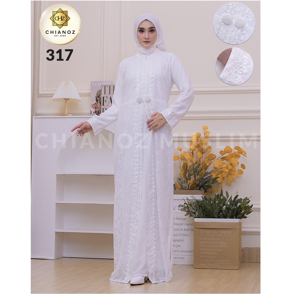 CHIANOZ Gamis Putih Mewah Nikita Dress Brukat Renda Baju Lebaran Umroh Haji Manasik Pesta Akad 317 323