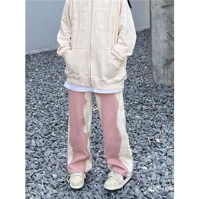 [✅BISA COD] #Sisjuly# Celana Panjang Santai Wanita Vintage Patchwork Lurus Jeans Jalan Kaki Lebar Lo